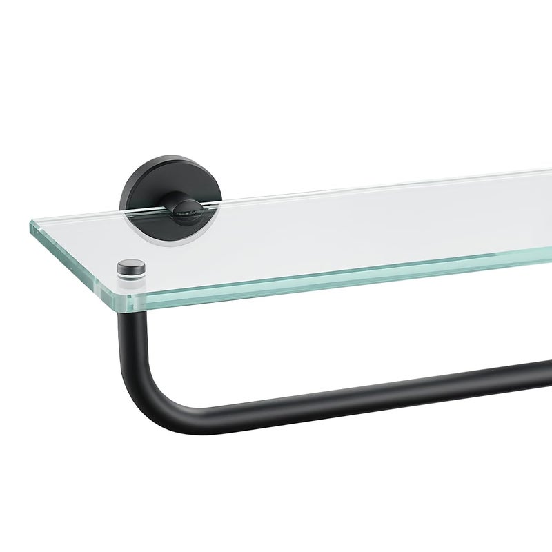JQK Bathroom Glass Shelf, Shelf with 15 Inch Towel Bar Tempered Glass Shower Storage 16 by 5 inches, 304 Stainless Steel Matte Black Wall Mount, TGS100-PB - Image 1